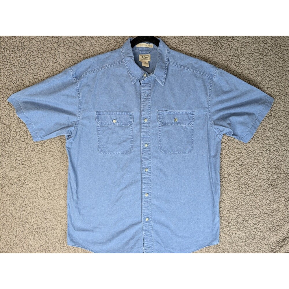 LL Bean Shirt Mens Lrg Blue Sunwashed Cotton Canvas Traditional Fit Short Sleeve